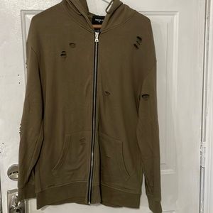 Distressed Olive Zip-Up Sweater